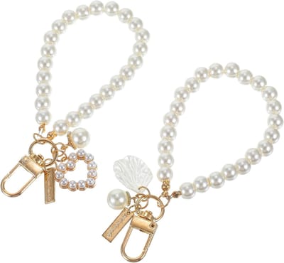 2 stuks korte telefoonketting met parels, sleutelhangers, gouden sleutelband, autosleutelhanger, telefoon charmes, parelketting, kort, schattig telefoon hanger, hart, telefoon hanger charme