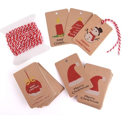 Dailygoods- Cadeaulabels 50 stuks - Kraftpapier - Kerstontwerpen - Hangend touw - 75 x 50 mm - Geschikt voor cadeauverpakking - Etiketten