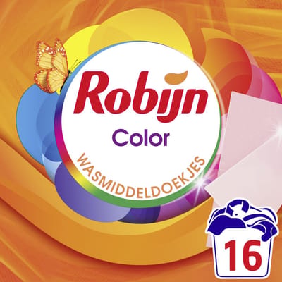 Robijn - Wasmiddeldoekjes - Color - 100% oplosbare doekjes in een kartonnen verpakking - 4 x 16 wasstrips