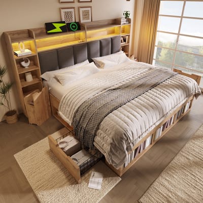 Sweiko Tweepersoonsbed 160 x 200 cm - Gestoffeerd hoofdeinde - LED-verlichting - USB/Type-C - Opbergruimte - 2 lades - Naturel + Grijs