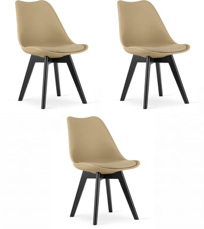 Set van 3 Stoelen MARK – Donkerbeige, Zwarte Poten, Kunststof Zitting met Kunstlederen Kussen, Strak Design, Ergonomisch, Geschikt voor Keuken, Eetkamer, Kantine en Werkruimte, Max. 120 kg