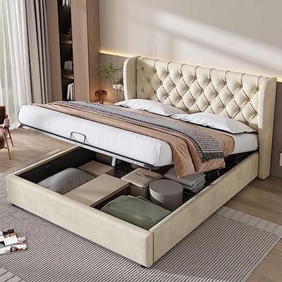 Gestoffeerd tweepersoonsbed met hydrauli sche opbergfunctie en zacht hoofdeinde 160x200