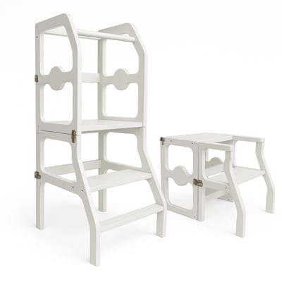 Houten Montesorri Leertoren - Keukenhulp voor Peuters - Learning Tower - Opvouwbaar tot Stoel en Tafel - Inklapbaar - Wit
