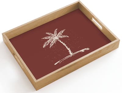 Dienblad hout 40x30 cm - Schootdienblad - Palmboom - Beige - Rood - Tropisch - Borrelplank rechthoek - Plateau dienbladen