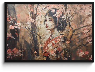Poster in lijst - Fotolijst 90x60 cm - Posters - Kimono - Vrouw - kersenbomen - Posterlijst zwart - Decoratie - Wanddecoratie woonkamer - Muurdecoratie slaapkamer