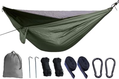 Campinghangmat - Reishangmat - Buiten Ontspannen - Met Vliegennet - 270x140cm - Legergroen