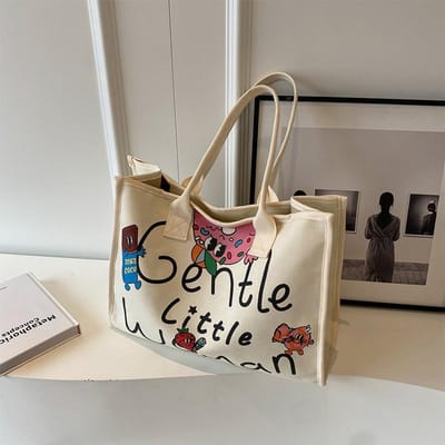 Sac en Toile Coloré Imprimé de Lettres Nouveau Sac à Bandoulière Décontracté de Grande Capacité gray
