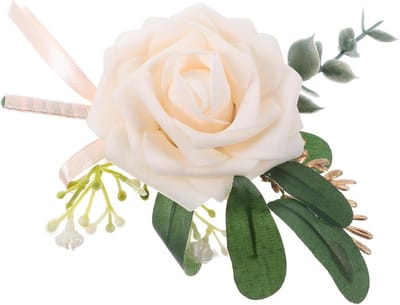 Bruidscorsage Kunstbloem - Boutonnière Bruidegom - Bruiloft Decoratie - Klassieke Kleurcombinatie - 13 x 12 x 6 cm - Champagne