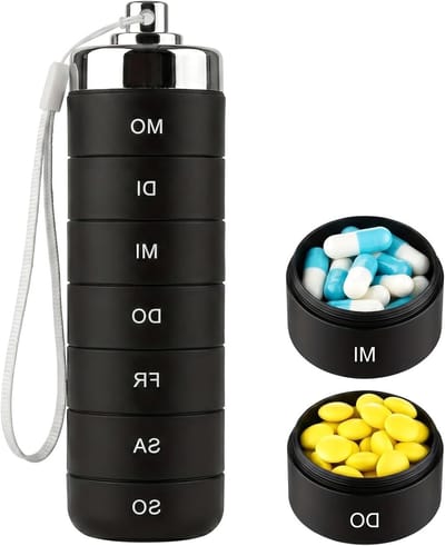 Draagbare pillendoos voor 7 dagen, waterdicht en compact, ideaal voor vitamines, medicatie en supplementen, 7 vakken voor organisatie
