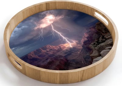 Dienblad rond 40x40 cm - Schootdienblad hout - Bliksem - Wolken - Canyon - Borrelplank rechthoek - Plateau houten dienbladen