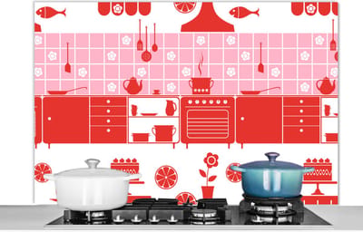 Spatscherm keuken 120x80 cm - Kookplaat achterwand Patronen - Pannen - Design - Huis - Roze - Muurbeschermer - Spatwand fornuis - Hoogwaardig aluminium
