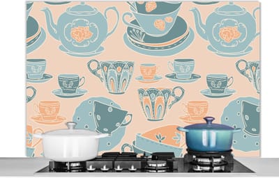 Spatscherm keuken 120x80 cm - Kookplaat achterwand Patronen - Vintage - Kopje - Thee - Muurbeschermer - Spatwand fornuis - Hoogwaardig aluminium