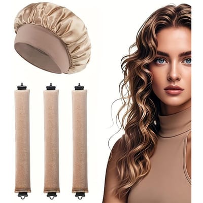 Ensemble de 4 bigoudis sans chaleur pour cheveux avec bonnet en satin, Outils de coiffage pour ondulations anti-frisottis pour la nuit, Ajustement doux et réglable pour tous les types de cheveux
