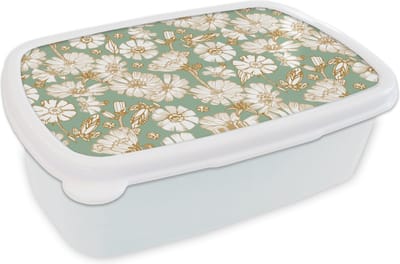 Broodtrommel Wit - Lunchbox - Brooddoos - Bloem - Art nouveau - Design - 18x12x6 cm - Volwassenen