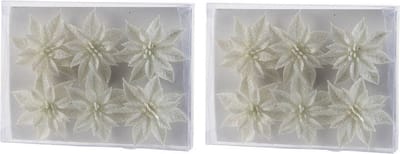 12x Kerstboomversiering witte glitter bloemen op ijzerdraad - kerstboom decoratie - wit kerstversieringen