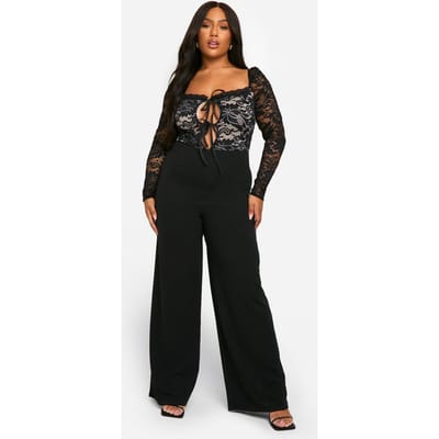 boohoo Dames Plus kanten jumpsuit met band vooraan en wijde pijpen | Black | Maat: 28