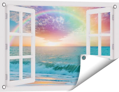 Gards Tuinposter Doorkijk Regenboog in het Water bij het Strand - 60x40 cm - Tuindoek - Tuindecoratie - Wanddecoratie buiten - Tuinschilderij