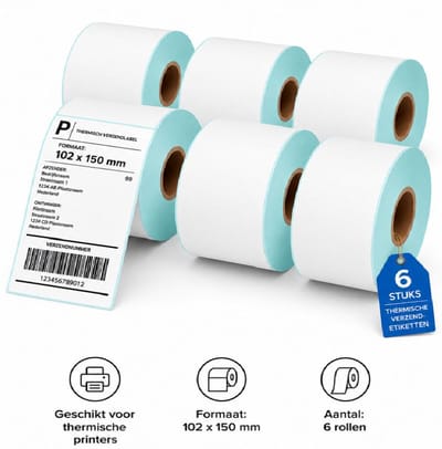 SMH LINE® Verzendlabels 102x150mm - 6 Rollen - 500 Labels per Rol - Zelfklevende Thermo Etiketten - Kern 25mm - Wit