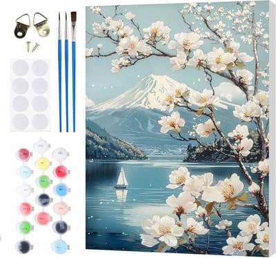 Schilderen op Nummer: Monte Fuji Landschap 20 x 30 cm Set voor Volwassenen en Kinderen met Houten Lijst, Kwast en Verf voor Creatieve Decoratie en Cadeaus