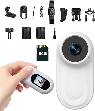 Magnetische mini-bodycamera met 64 GB TF-kaart, 120° groothoeklens, 1080p actiecamera met 360° draaibare achterclip, duimformaat bodycamera met audio en video, handsfree POV-opname, helmcamera voor fietsen en motorrijden.