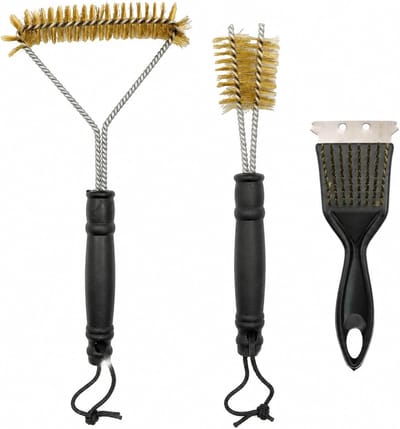 KZQ Set van 3 messing BBQ-borstels voor grillroosters, gas- en houtskoolbarbecues en gietijzeren grills - koperkleurig