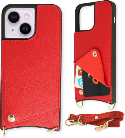 Casemania Hoesje Geschikt voor Apple iPhone 14 - Back Cover met Draagkoord - Pasjeshouder Hoes met Bandje - Crossbody Telefoonhoesje - Lanyard Case - Rood