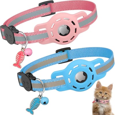 Airtag Kattenhalsband, [2 Pack] Reflecterende GPS Lichtgewicht Tracker Kattenhalsband met Airtag Huls, Quick Release, Bel, 20-33 cm Verstelbaar voor Kitten Katten, Blauw & Roze