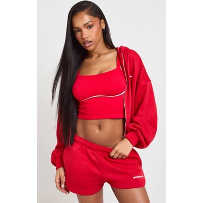 boohoo Dames Sportclub Geborduurd Biesje Sweat Short | Rood | Maat: XL