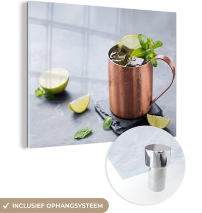 MuchoWow® Glasschilderij 120x90 cm - Schilderij acrylglas - Beker - Drank - Citroen - Foto op glas - Schilderijen