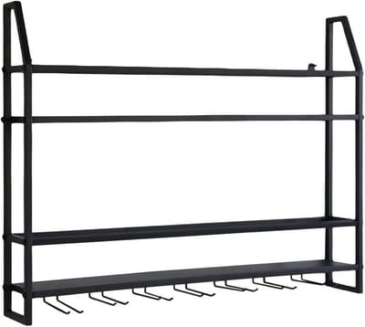 Dailygoods- Wijnrek Wandmontage - Industrieel Wijnrek - Zwart Staal - Draagvermogen 30 kg - Modern Design - Inclusief Plank met Haak - Wijnplank