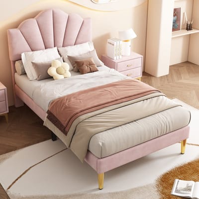 Wishdor Gestoffeerd Bed 90x200 cm – Schelpvormig Hoofdbord – Verstelbaar – Roze Fluweel & Gouden Poten – Luxe & Speels