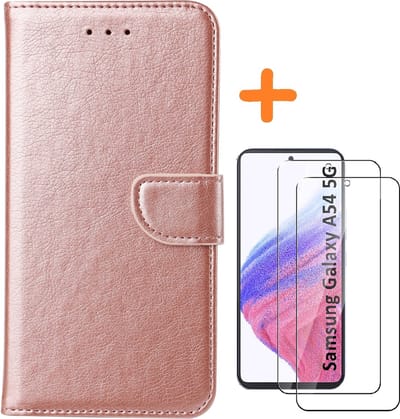 Hoesje Geschikt Voor Samsung Galaxy A54 hoesje bookcase Rose Goud - Galaxy A54 5G bookcase portemonnee Hoesje Geschikt Voor Samsung Galaxy A54 screenprotector / 2X Beschermglas