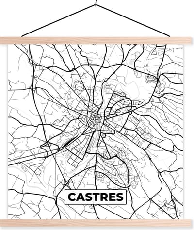 Posterhanger incl. Poster 40x40 cm - Schoolplaat - Frankrijk - Castres - Kaart - Plattegrond - Stadskaart - Zwart wit - Textielposter - Blanke latten - Stadskaart