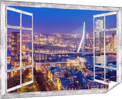 Gards Tuinposter Doorkijk Rotterdamse Skyline met de Erasmusbrug - 180x120 cm - Tuindoek - Tuindecoratie - Wanddecoratie buiten - Tuinschilderij