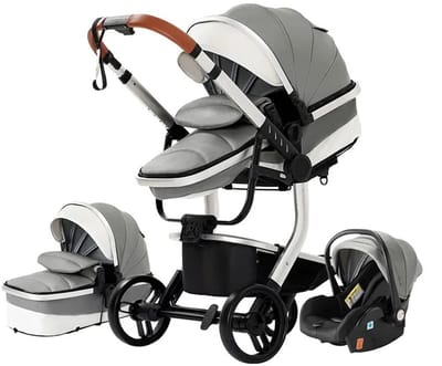 Jessi Store - Kinderwagen - Buggy - 3-in-1 - Met reiswieg - Met autostoel - PU-leer - All-terrain - Grijs - 90 x 37 x 111cm
