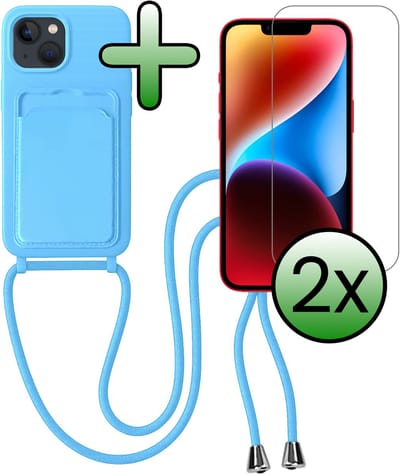 Hoes Geschikt voor iPhone 13 Hoesje Pas Houder Case Hoes Met Koord Met 2x Screenprotector - Hoesje Geschikt voor iPhone 13 Hoes Met Telefoonkoord Pasjeshouder Cover - Lichtblauw