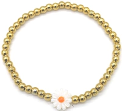Armbandje - elastiek - goudkleurig - oranje - wit - bloemetje - tijdloos - hip - chique - feest - outfit - unisex - dames - heren