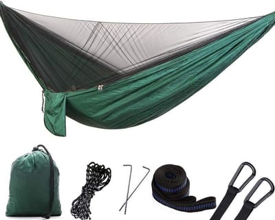 Outdoor Hangmat - Kampeerhangmat Reishangmat - Ontspannen buiten - Met muggengaas - 290 x 140 cm - Legergroen