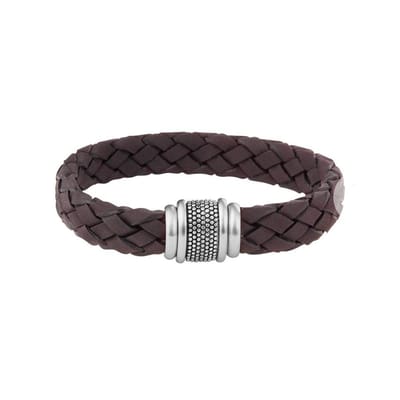 YO&NO -  Armband - Donkerbruin - Gevlochten -  Leer - 12 mm - 21 cm - Heren - Stainless steel