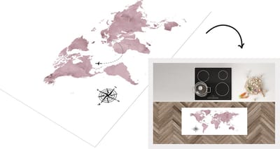 Keukenloper - Loper keuken - Wereldkaart - Aquarelverf - Roze - 120x50 cm - Keukenloper vinyl