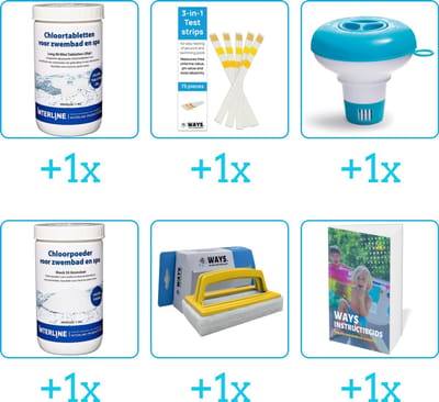 Zwembad Onderhoudspakket - Onderhoud Zwembad - bevat Chloor - Testrips - Chloordrijver - Chloor - Scrubborstel en Zwembadgids (6-delig)