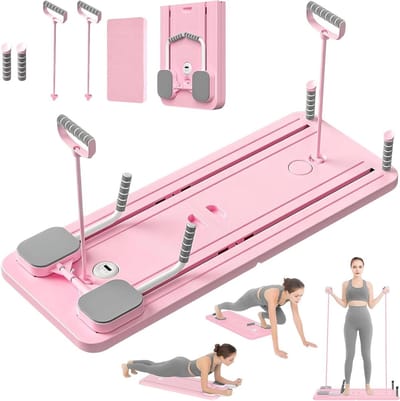 Pilates Reformer Compact - Buikspierroller Ab Roller - Thuis Fitness - Automatische Terugslag - 41 x 55 cm - Roze