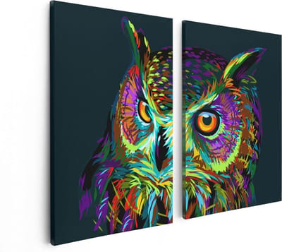 Artaza Canvas Schilderij Tweeluik Kleurrijke Uil - Abstract - 80x60 - Foto Op Canvas - Canvas Print
