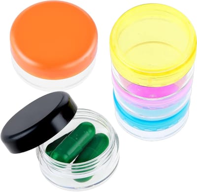 5-delige Kleine Pillen Organizer, Draagbare Medicijnhouder voor Dagelijks Gebruik, BPA-vrij Reiskoffer voor Wallet en Zak (Blauw, Oranje, Geel, Zwart)
