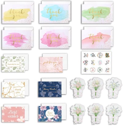 Dailygoods- Bedankkaarten 18 Stuks - Wenskaarten Set - Opvouwbare Kaarten - Inclusief Enveloppen - Stickers - Karton