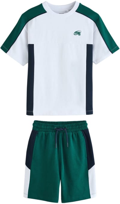 Next - Jongens - Set met T-shirt met kleurvlakken en korte mouwen en korte broek - Groen