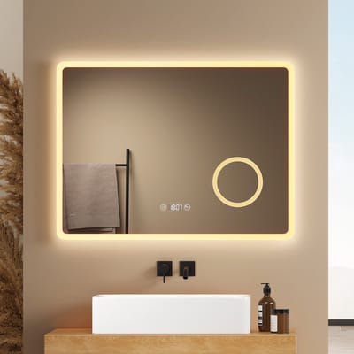EMKE Badkamerspiegel - Anti Condens - Tijd Display - 3 Lichtkleuren - Touch & Dimbaar - 80x60cm - Horizontal