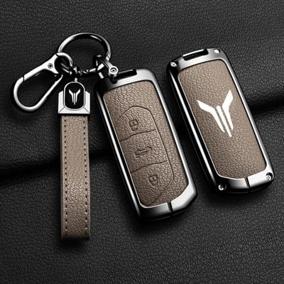 Auto Slimme Afstandsbediening Sleutelhoes Fob Cover Shell Voor Voyah Free Dream Zinklegering Leer Beschermer Houder Sleutelhanger Accessoires gray
