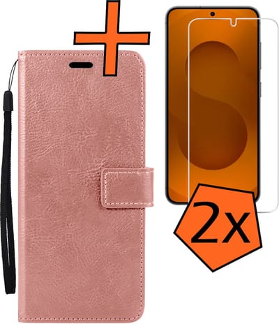 Hoes - Met 2x Screenprotector - Geschikt voor Samsung Galaxy S25 - Luxe Pasjeshouder - Bookcase Portemonee - Flip Case - Kunstleer Book Case - Flipcase Hoes - Book Cover - Walletcase - PortemonneeHoes - Rosé goud
