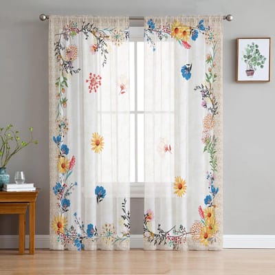 Bloemen Zonnebloem Orchidee Retro Slaapkamer Transparante Sheergordijnen Vakantiedecoratie Raam Voile Tule Gordijn 135W x 114H(cm) white